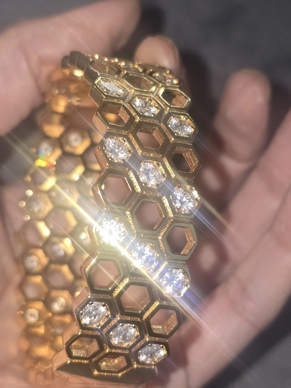 22kgp Dubai Jewelry Gold Honeycomb Bracelet with Clear Crystals - Women Jewelry